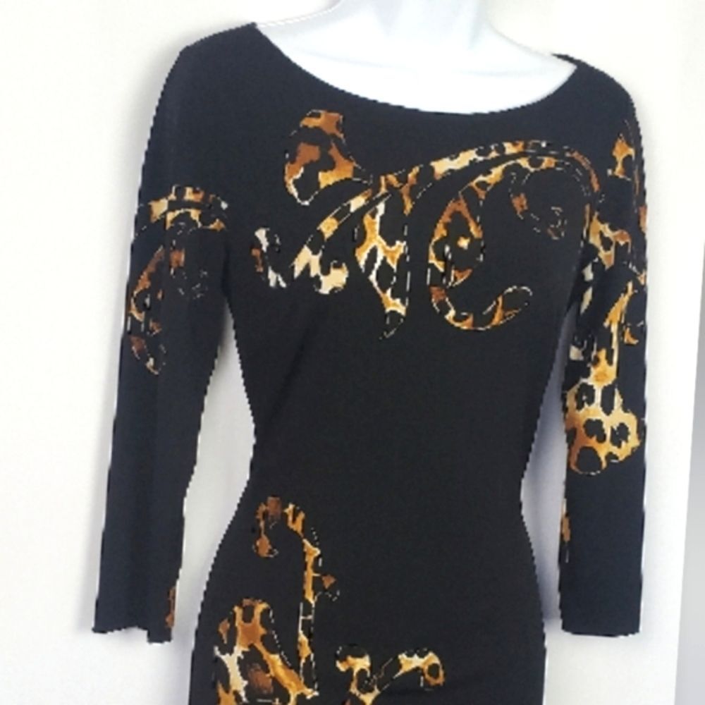 Cache Black Long Sleeve Dress with Leopard-Print Accents